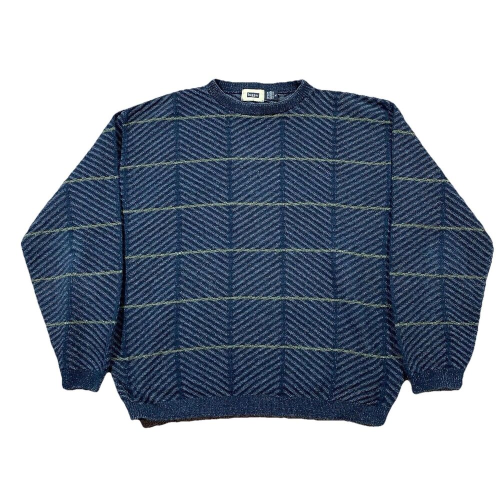 Haggar Sweater XL Made USA Blue Geometric Pattern Crewneck Vintage Style